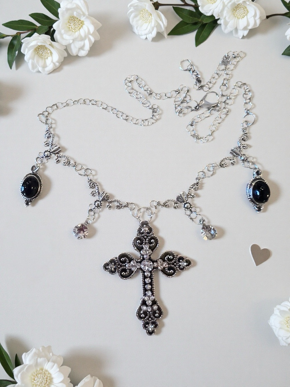 Vintage-Inspired Silver Cross Necklace Set with Black Stone Accents Rhinestones